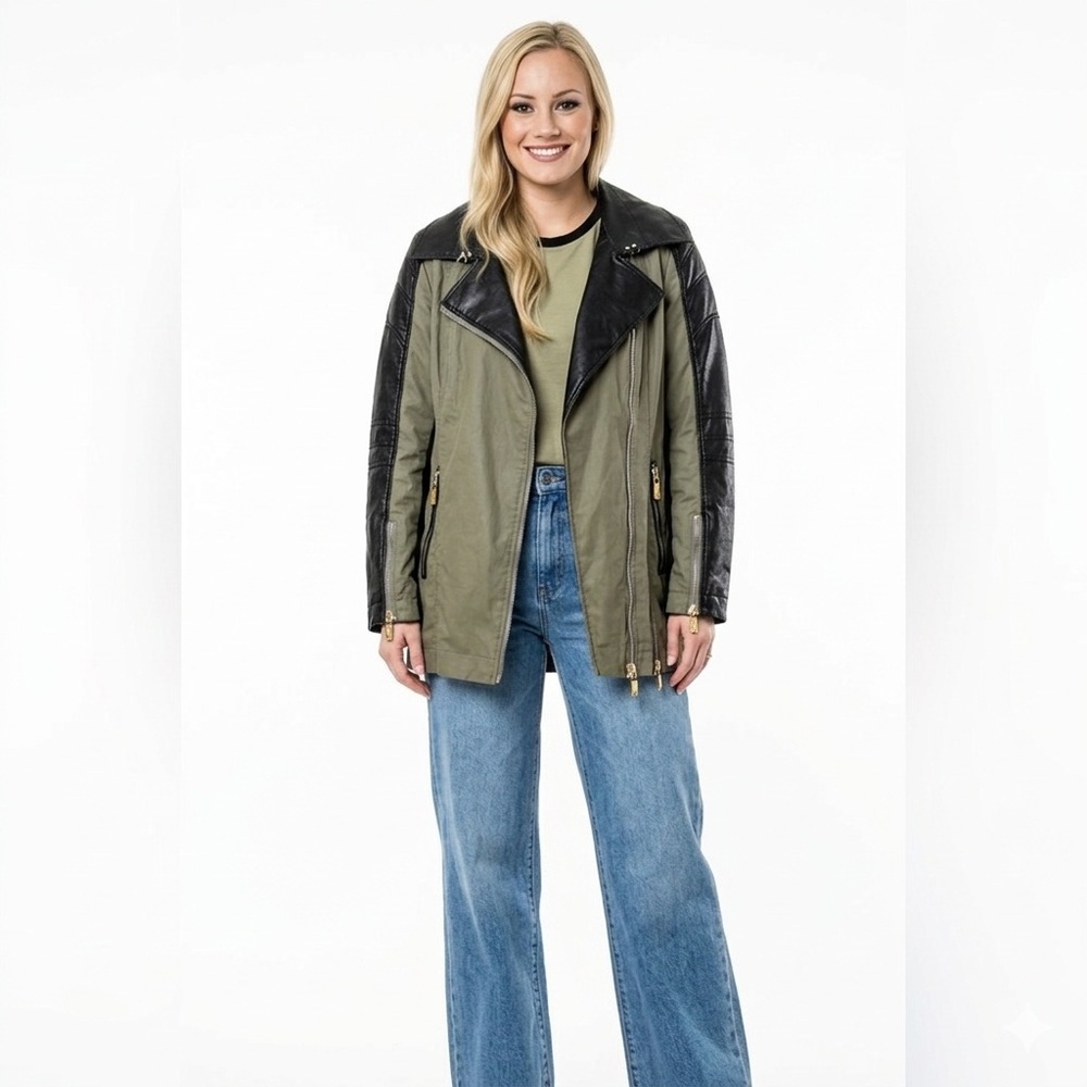 Nicole Benisti Green & Black Faux Leather Moto Biker Jacket Size XL